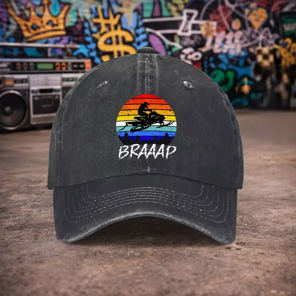 1pc Unisex BRAAAP Snowmobile Retro Washed Baseball Cap - Men'S Trendy Hat - Versatile Duckbill Cap - Fun Print - Unique Birthday