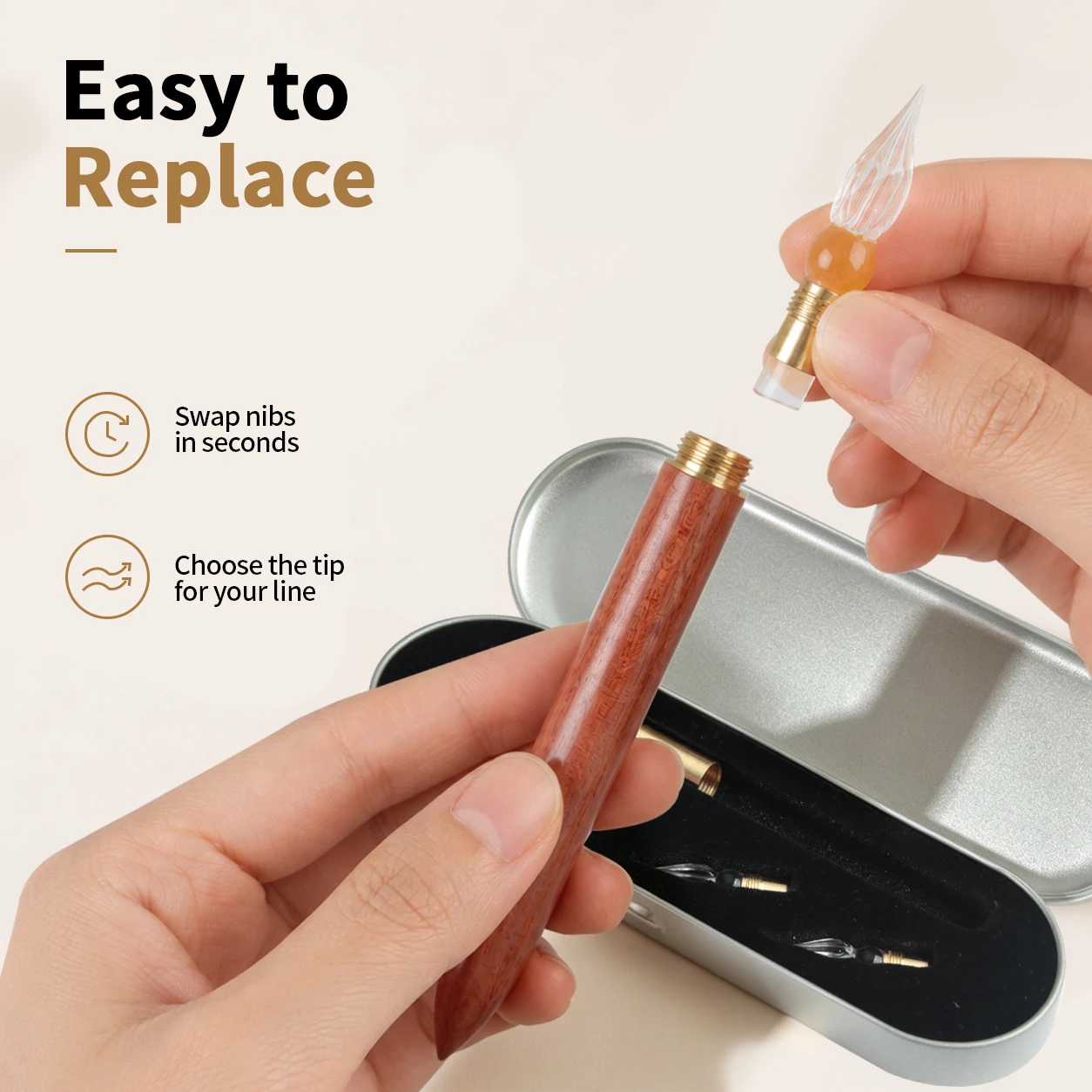 SeamiArt Replaceable Glass Nibs Wood Handle Dip Pen Set with Metal Box for Calligraphy Students Writing Drawing Art Supplies view 5