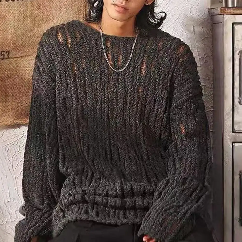 Men Sweater Comfortable Knit Tops Men's Round Neck Sweater Hollow Out Pullover Tops Long Sleeve Knitted Casual Workwear Sexy