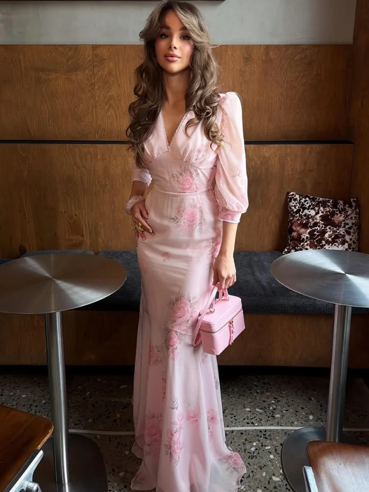 

Floral Mermaid Slim Fit Long Dress V-neck Full Puff Sleeves Lace Trim Women Dresses 2026 Lady Chic Holiday Party Vestidos New