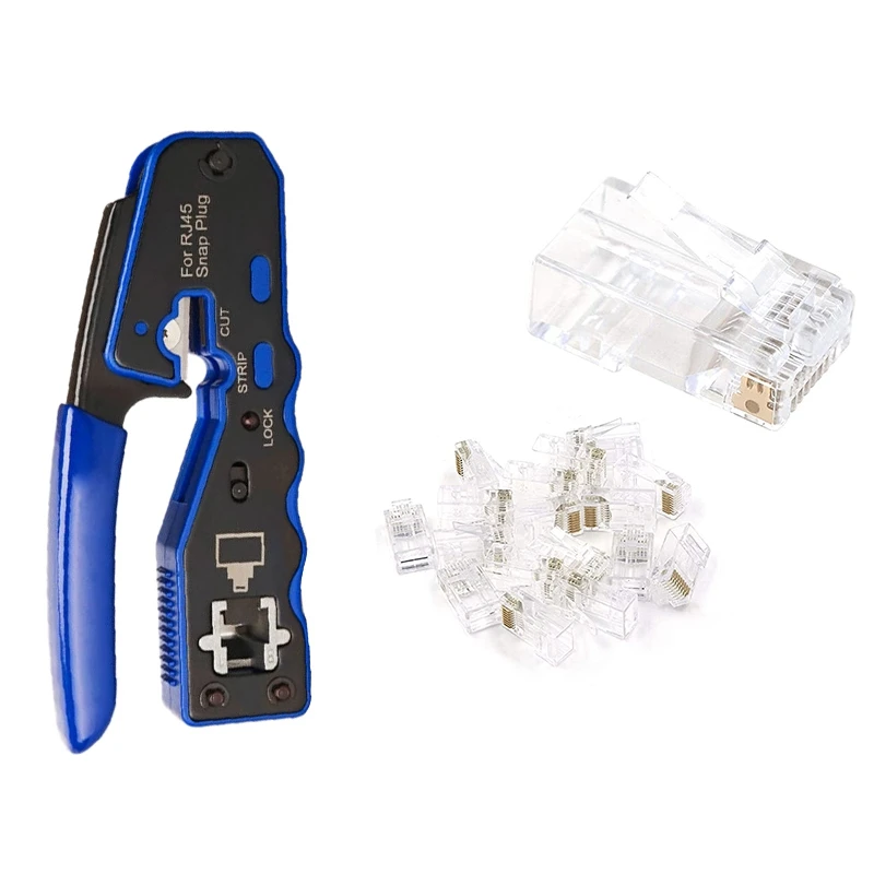 

Ethernet RJ45 Pass Through Crimping Tool Bundle With CAT6 RJ45 Pass Through Ethernet 50U Modular Plug 25 Pack