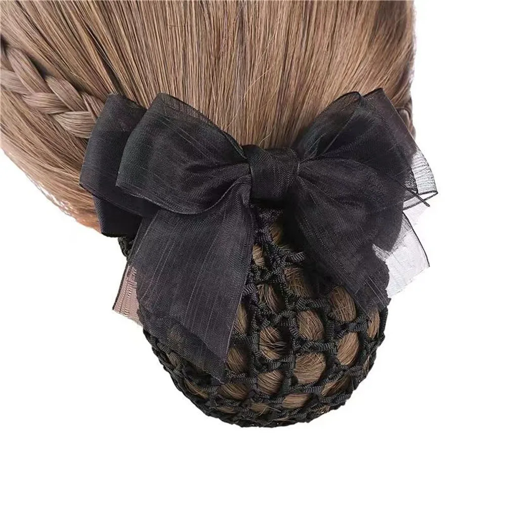 New Hair Net Barrette For Flight Attendant Office Dance Ribbon Bow Hair Clip for Women Hairgrips Headwear Hair Bun Net Snood