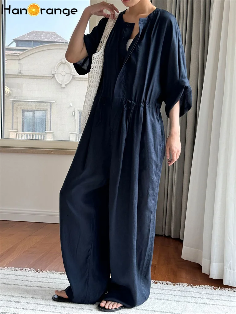 HanOrange 2024 Summer Lazy Slightly Transparent Lyocell Linen Jumpsuit women Comfortable Breathable Loose Casual Jumpsuit Navy