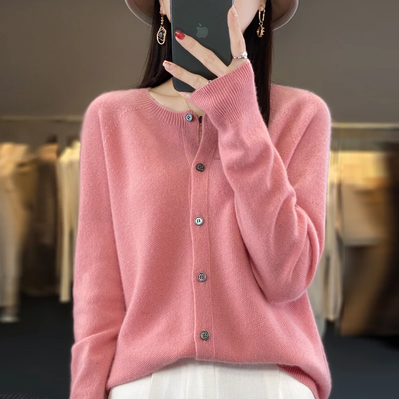 Women 100% Merino Wool Sweater New Round Collar Solid Color Knitted Cardigan Autumn Winter Casual Soft Jacket Bottoming Slim Top