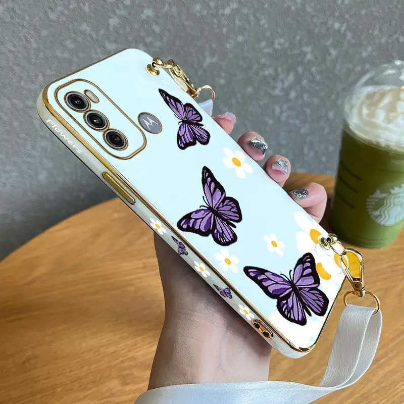 Garden Butterflies Lanyard Plating Phone Case For Motorola Moto G60 G53 G50 G42 G30 G20 G22 G52 E20 Plus G9 Play G8 Power Cover