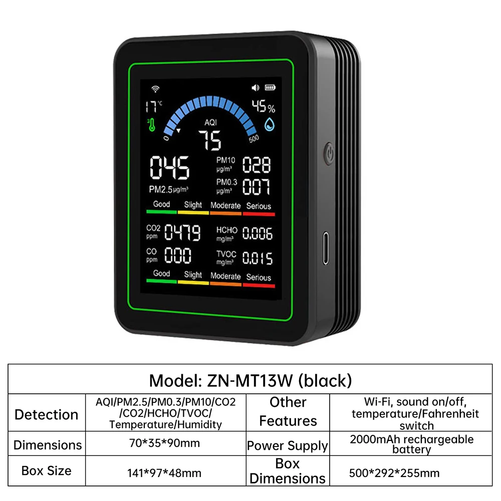10-in-1 Intelligenter Luftqualitätsmonitor CO2 CO Tester TVOC HCHO PM Formaldehyd-Detektor Temperatur- und Feuchtigkeitsmesser mit WLAN / ohne WLAN – Detail 12