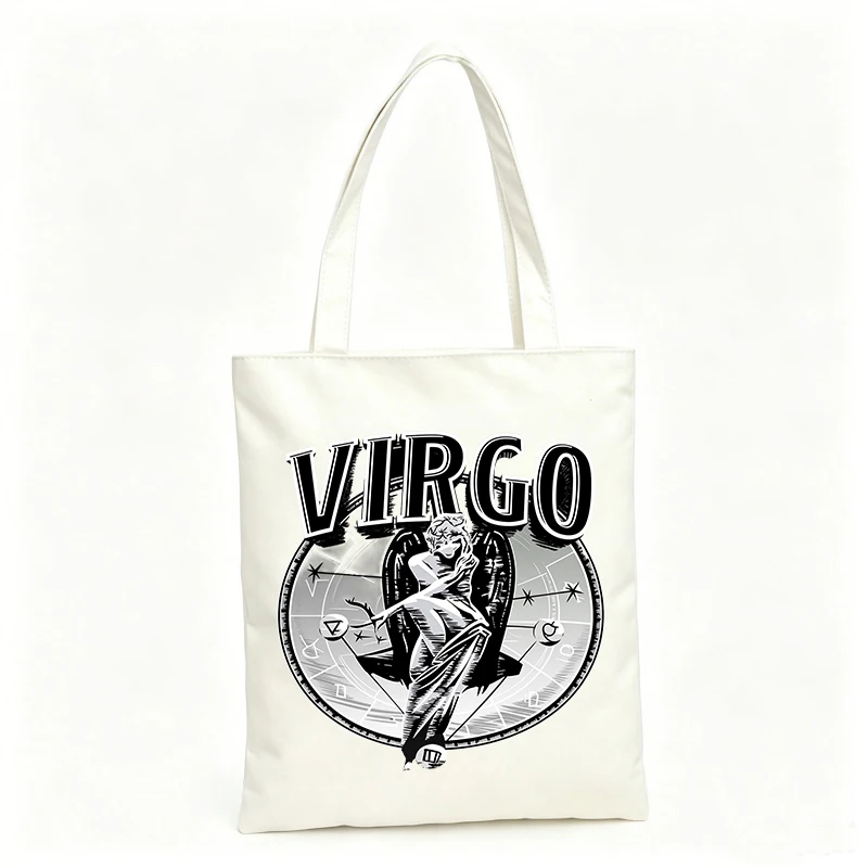 Women's canvas tote bag with zodiac-inspired graphic and letter print, ideal for daily use and casual outings
