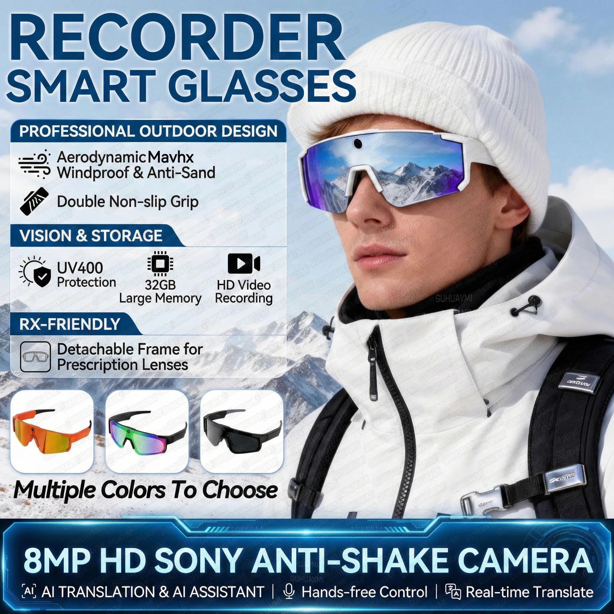 2026 AI Skiing Smart Glasses 800W HD Anti-shake Camera Action Capture Goggles Men 3D Surroud Sound AI Chat Call Sport Sunglasses