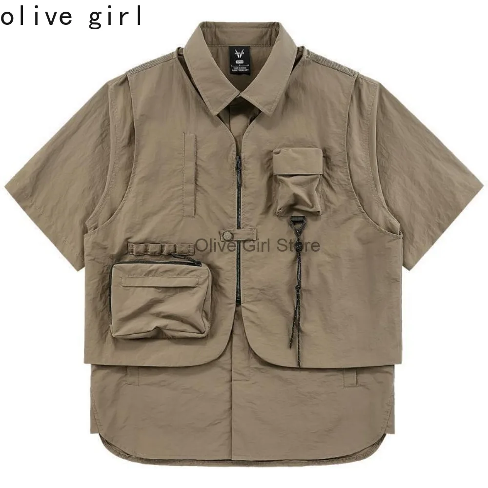 2025 Summer Shirt Short Sleeve Button Up Blouse Men's Cargo Shirts Fashion Multi Pockets Vest Designer Shirts