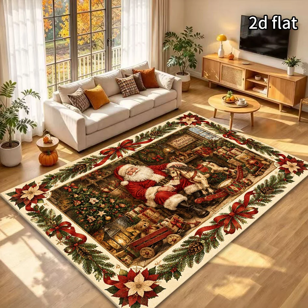 2D Flat Vintage Santa Area Rug, Retro Christmas Scene Pine Cone Poinsettia Border Print, Floor Decor for Living Room Bedroom