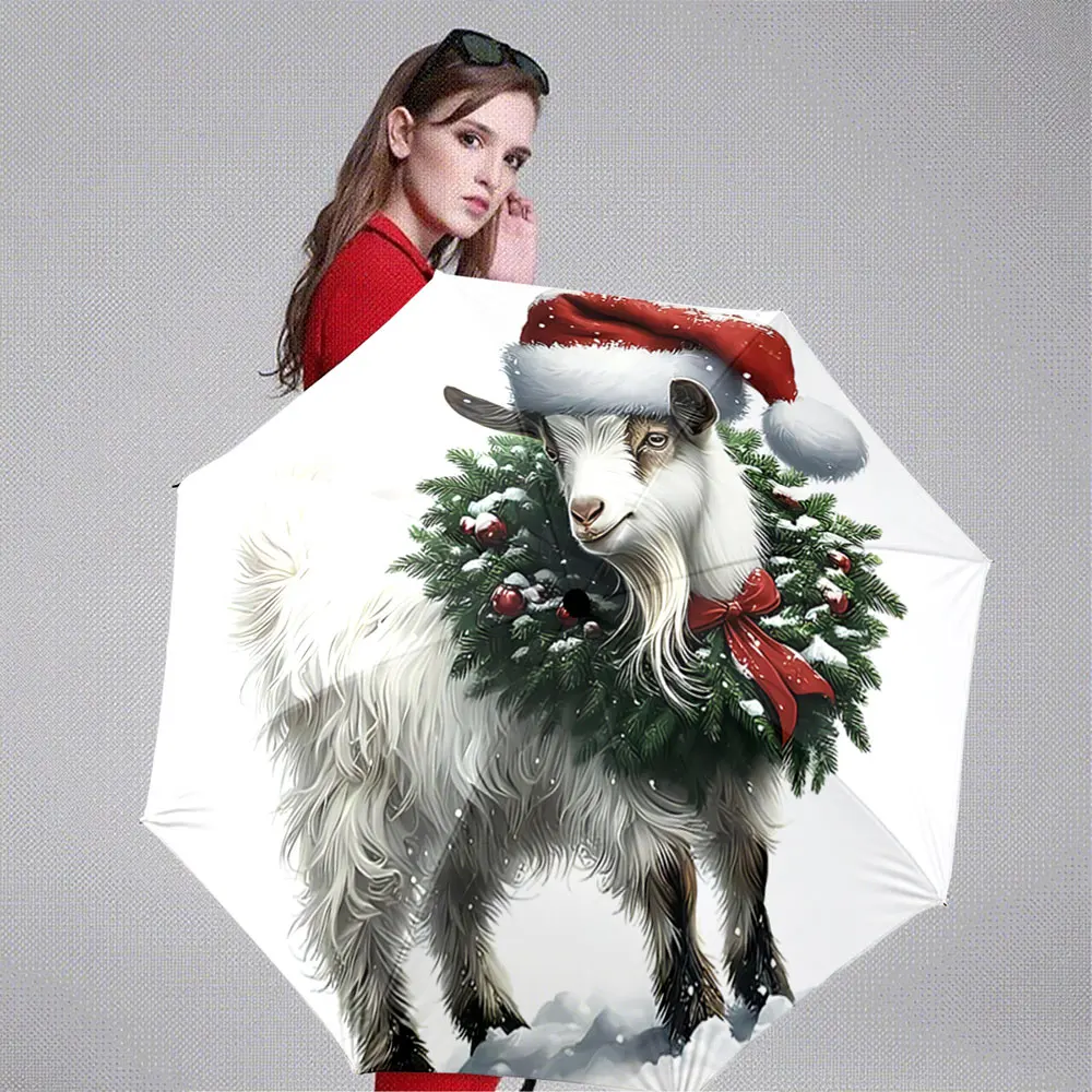 Christmas Goat with Santa Hat and Festive Wreath Design Portable Folding Umbrella, Gift for Family And Friends