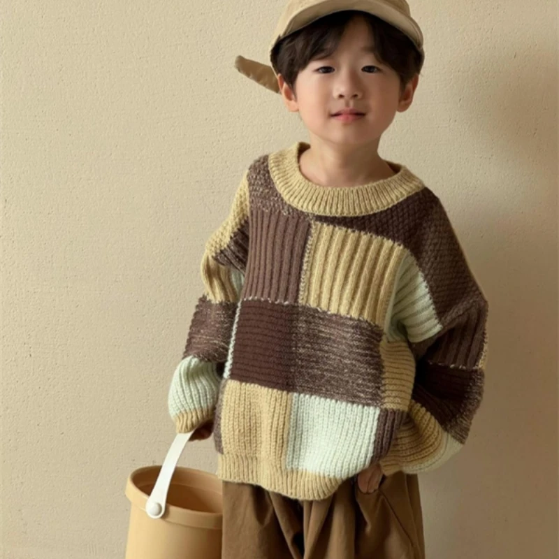 Boys Woolen Sweater Crochet Cotton Windbreak 2023 Loose Thicken Autumn Winter Pullover High Quality Children's Clothing