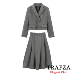 TRAFZA-Women Elegant Blazer Skirt Set Blend Herringbone Lapel Blazer+Midi Skirt New 2024 Fall Winter Fashion Romantic Blazer Set