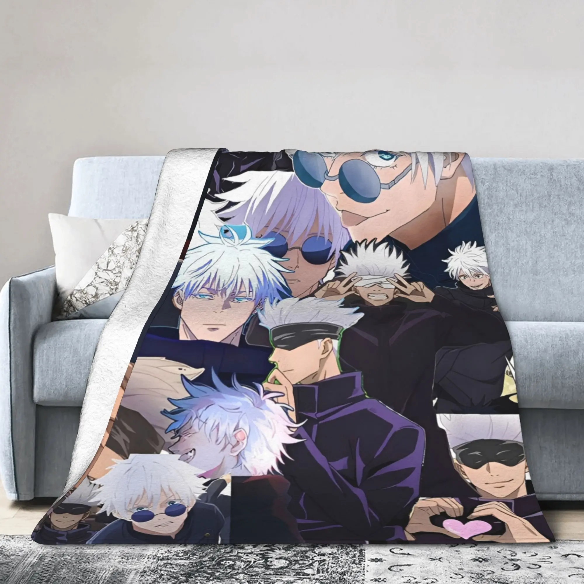 Jujutsu Kaisen Gojo Satoru Flannel Throw Blankets Anime Cool for Bedspreads Knitted Blanket Travel Lightweight Multifunction
