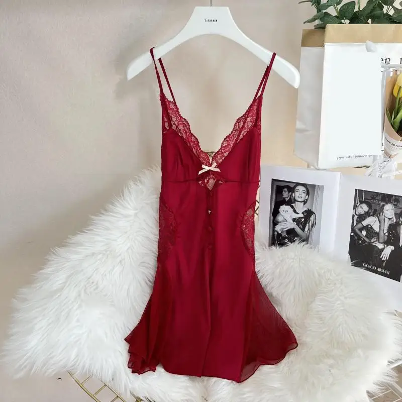 Summer Female Spaghetti Strap Nightgown Dress Sleepwear Lady Sexy Lace Nightgown Lingerie Satin Home Wear Dressing Gown