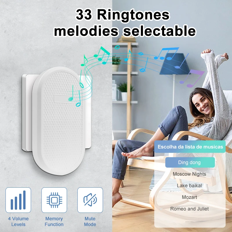 Wireless Doorbell Waterproof Welcome Doorbell 100M/328ft Remote High Volume 33 Songs Smart Door Bell Chime US EU Plug Optional