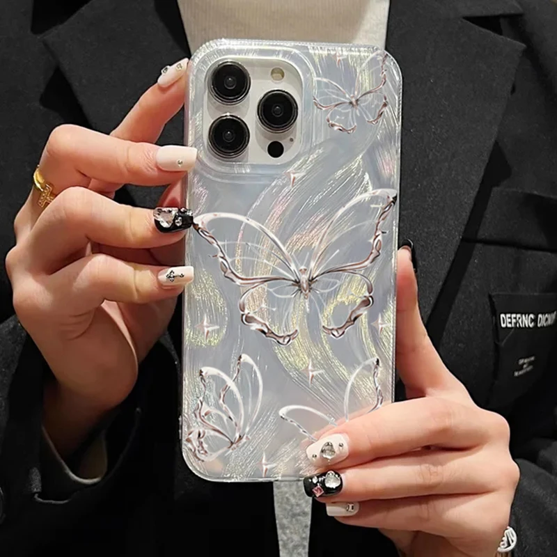 For iPhone 14 13 15 16 Pro Max Case Luxury Laser Silver Butterfly Phone Case for iPhone 11 12 Pro Max XS XR 7 8 14 15 Plus Case