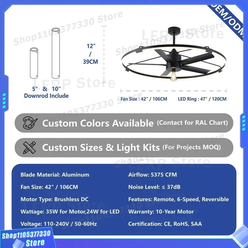 42 Inch Modern Industrial Ceiling Fan With LED Ring Light DC Motor Ultra Quiet Operation For Project Wholesale Supply Home