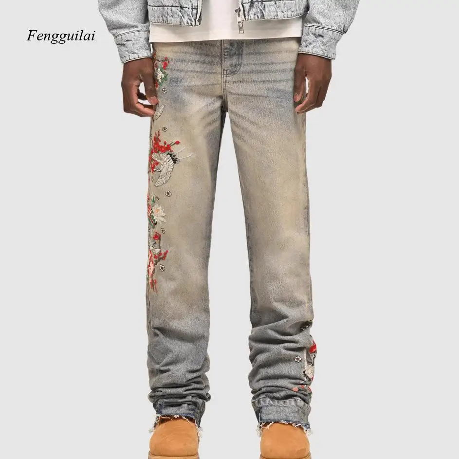 Floral Embroidered Flared Jeans Men's Distressed Denim with Japanese Embroidery, Trendy Street Style Bootcut Trousers