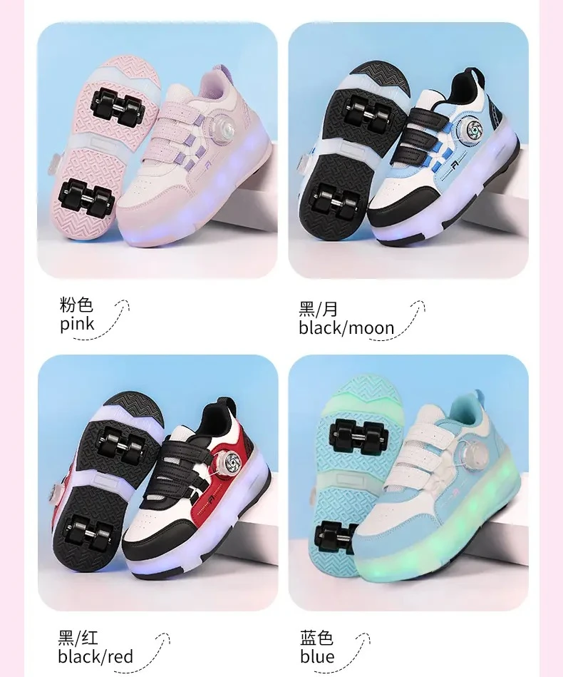 Sepatu Roda Anak Empat Roda dengan Lampu LED untuk Anak Laki-laki dan Perempuan, Sepatu Olahraga Bercahaya, Sneakers Skateboard dengan Pengisian Daya USB