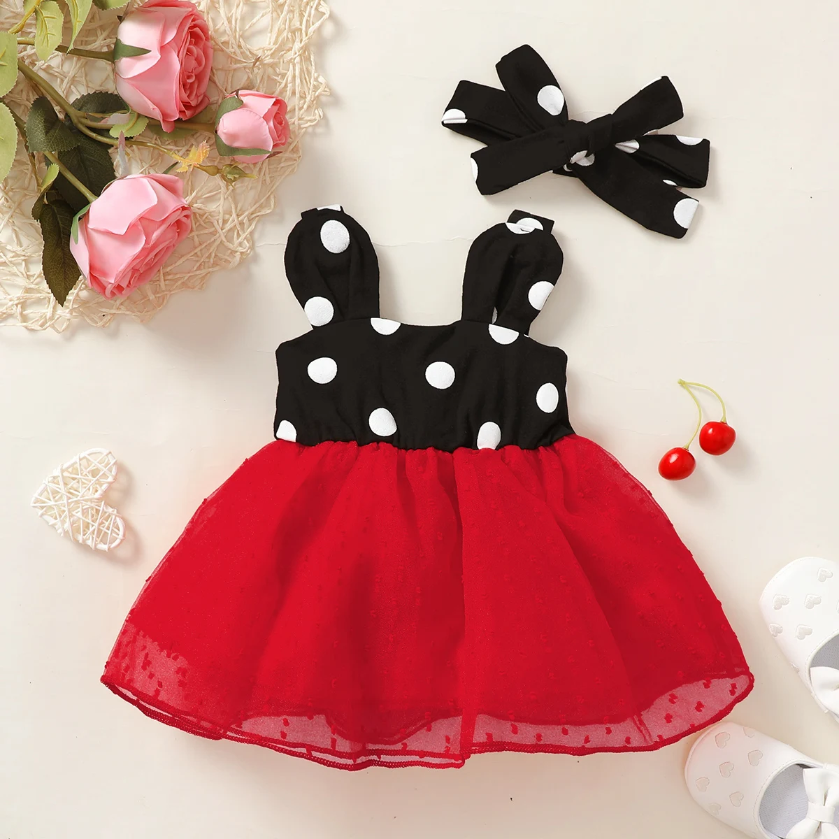 0-18 Months Cute Baby Girl Polka Dot Color Blocked SuspenderSummer Dress and Headband Baby Girl Holiday Party Fashionable Dress