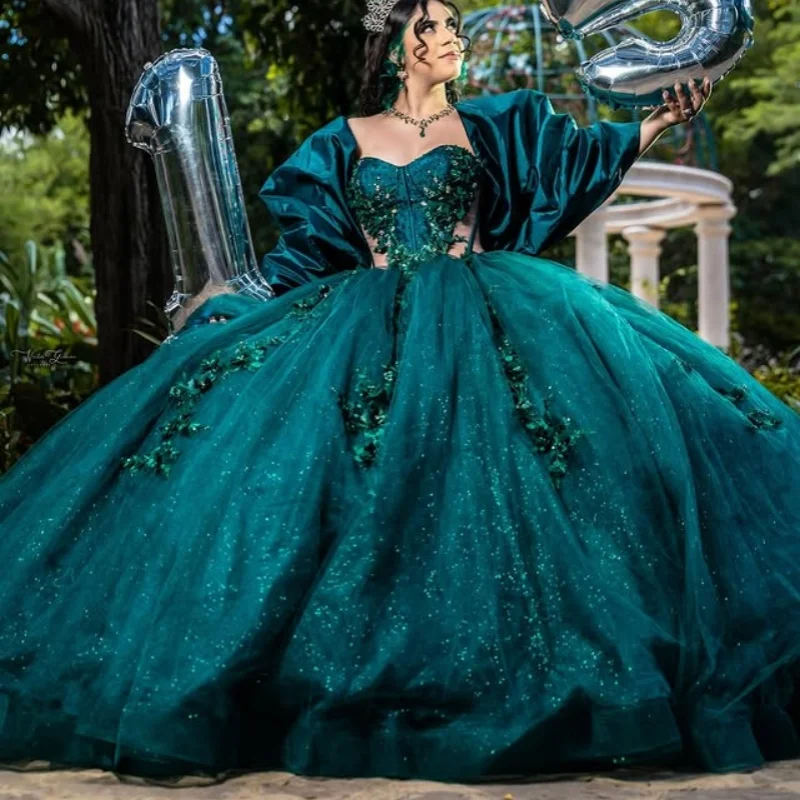 

Customized Shiny dark green Quinceanera Dresses Off the Shoulder applique Long tail 3D flower layering Vestido 15 Quinceanera