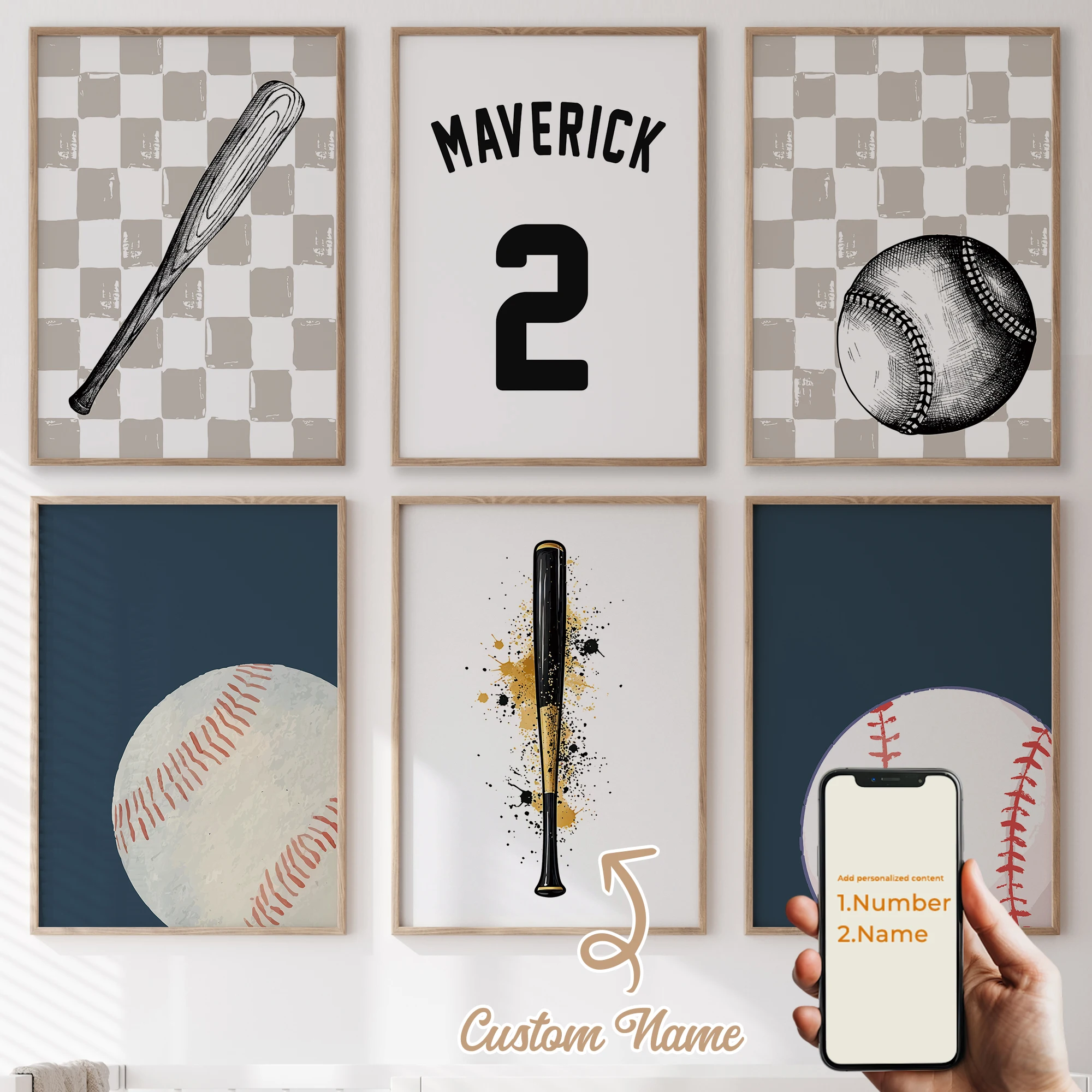 

3Pcs/6pcs Personalized custom name cute cartoon baseball Wall Art Print Picture For Living Room Kids Boy Room Home Decor Gift