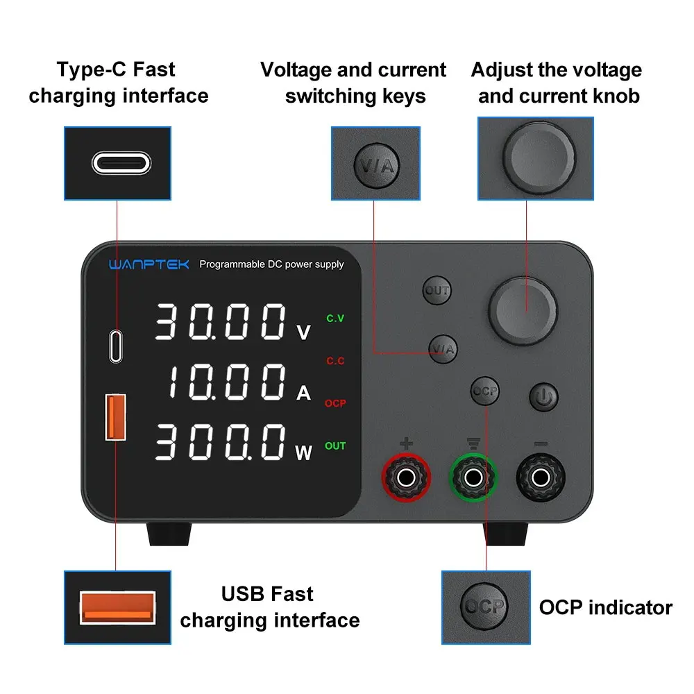 TPS3010 30V 10A Power Supply Programmable DC Power Supply (Black) for Laptop Phone Repair