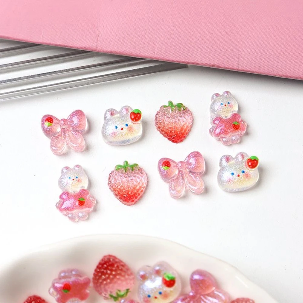 50 Uds. De dijes 3D para uñas con lazo de conejo y fresa, bonitos dibujos animados, Aurora rosa, gradiente, brillo, accesorios para uñas de conejo Y2K, Mini decoración para uñas ﻿
