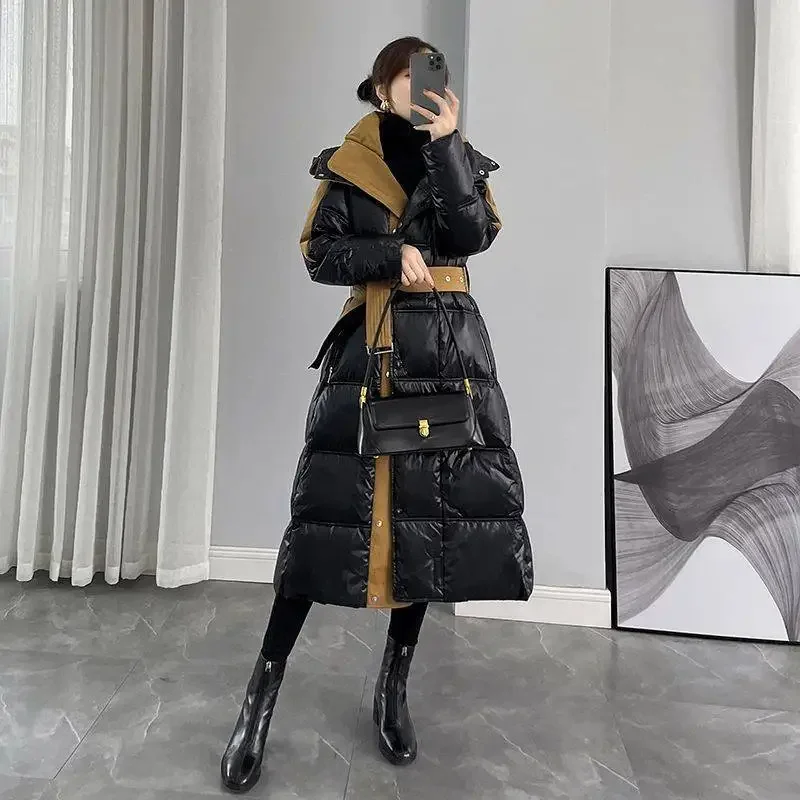 [Real down jacket] Glossy black women's long knee down jacket women's new women's clothing winter splicing jacket thickened