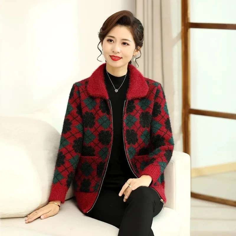 

Autumn Winter Mom Middle-Aged And Elderly Ladies 45-55 Years Old Zipper Cardigan Lapel Loose Coat Wool Knitting Overcoat