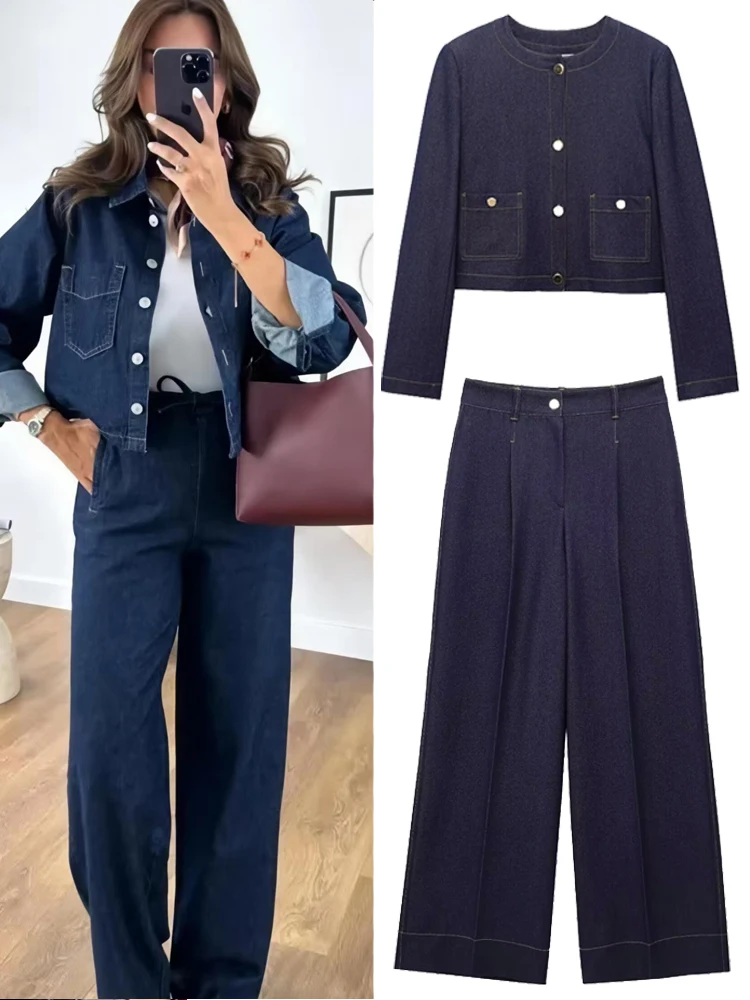 HXAO Denim Set Woman Jeans Set Denim 2 Piece Set Streetwear Woman Trousers Denim Outfits Two Piece Set Women's Denim Top Jacket