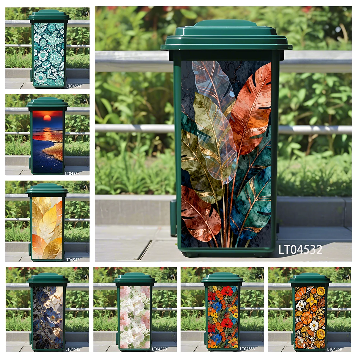 Bright Flower Sunset Scenery Trash Can Decals, PVC Self-Adhesive Waterproof for Kitchen & Outdoor