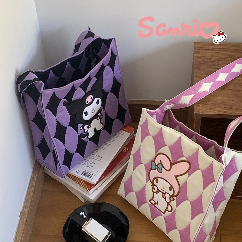 Sanrio Cartoon Knitted Check Shoulder Bag Kawaii Kitty Melody Kuromi Large Capacity Handbag Tote Shopping Underarm Bag Girl Gift