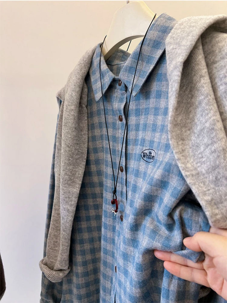 

Spring Casual Blue Grey Plaid Flocking Embroidered Letter Women's Shirt Versatile Top Comfortable Fit Long Sleeve Button down