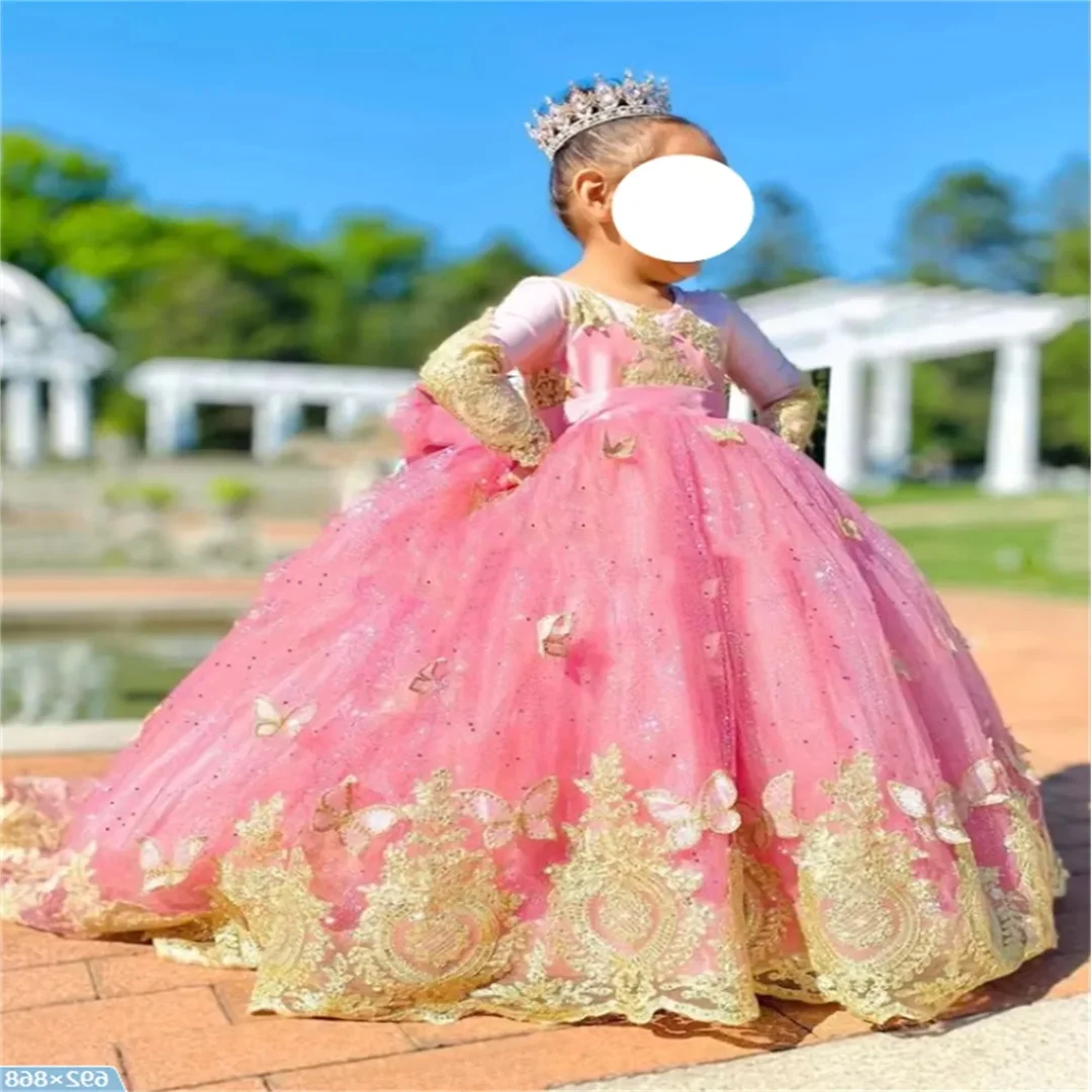 Gold Pink O Neck Long Sleeve Bowknot Flower Girl Dress Elegant Puffy Applique Decoration Tulle Little Princess