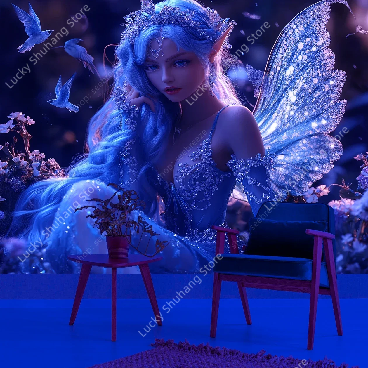 نسيج الأشعة فوق البنفسجية الساحر Elven Fantasy مع ملابس زرقاء جليدية أجنحة حساسة ديكور منزلي سحري لغرفة النوم وغرفة المعيشة والمكتب #1