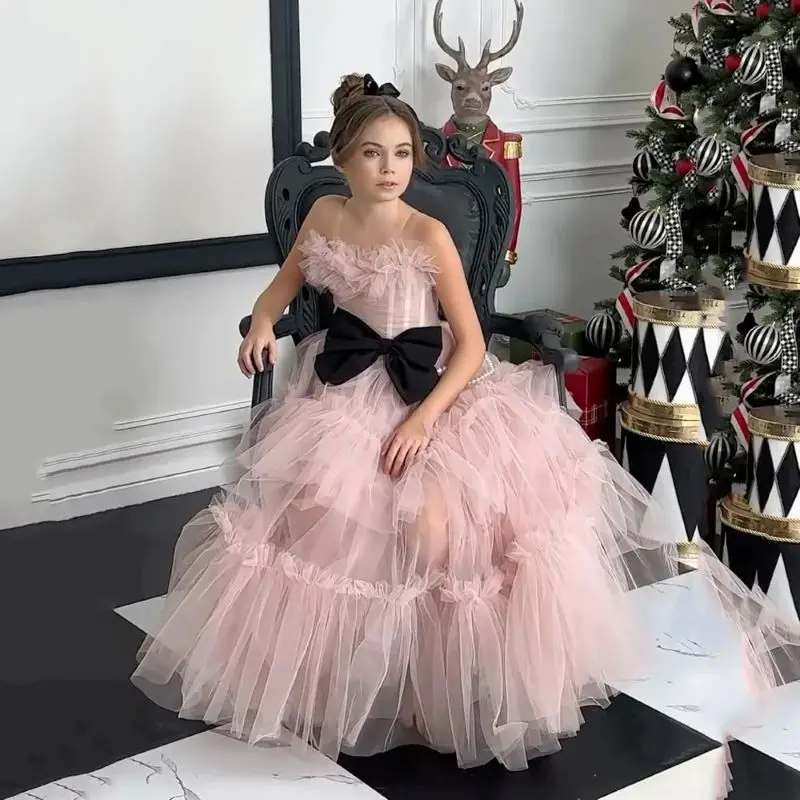 ที่กําหนดเอง Dusty สีชมพูดอกไม้สาวชุดสําหรับงานแต่งงานแขนกุด Tulle กับโบว์ไข่มุก Elegant เด็ก Quinceanera ชุดจัดเลี้ยง