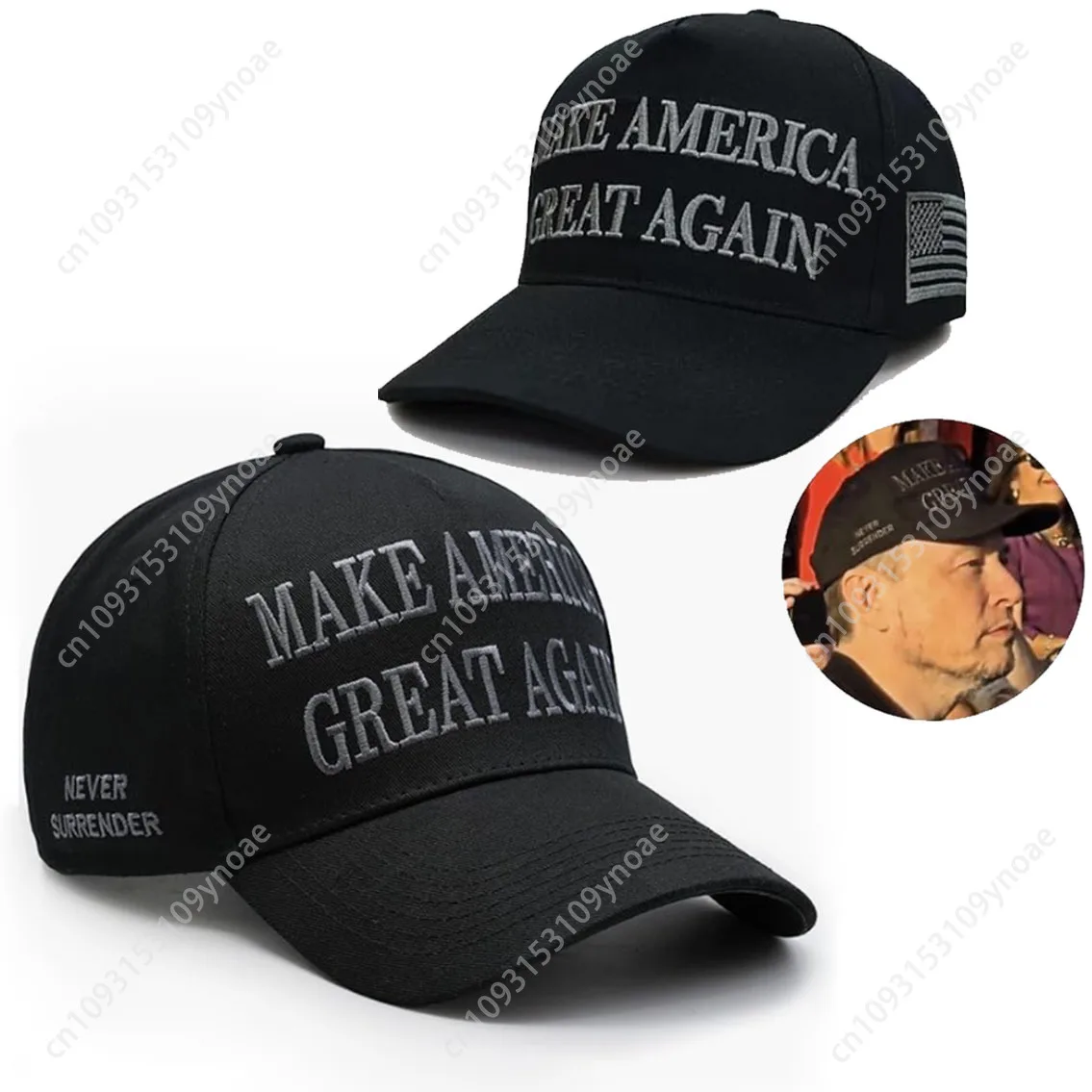 Donald Trump Musk 45-47 Never Surrender MAGA Hat Make America Great Again Slogan com bandeira dos EUA Boné de beisebol ajustável preto