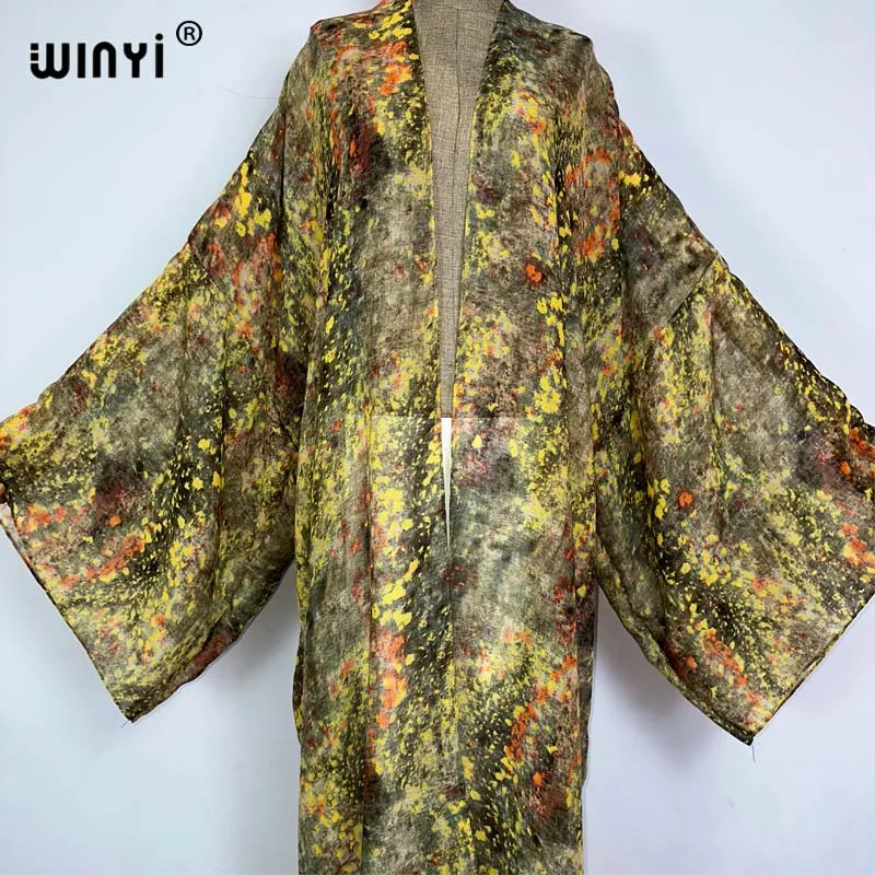 WINYI-kimono con estampado abstracto para playa, vestido maxi de algodón de manga larga con perspectiva de encubrimiento de Bikini, cárdigan Sexy para vacaciones, Verano