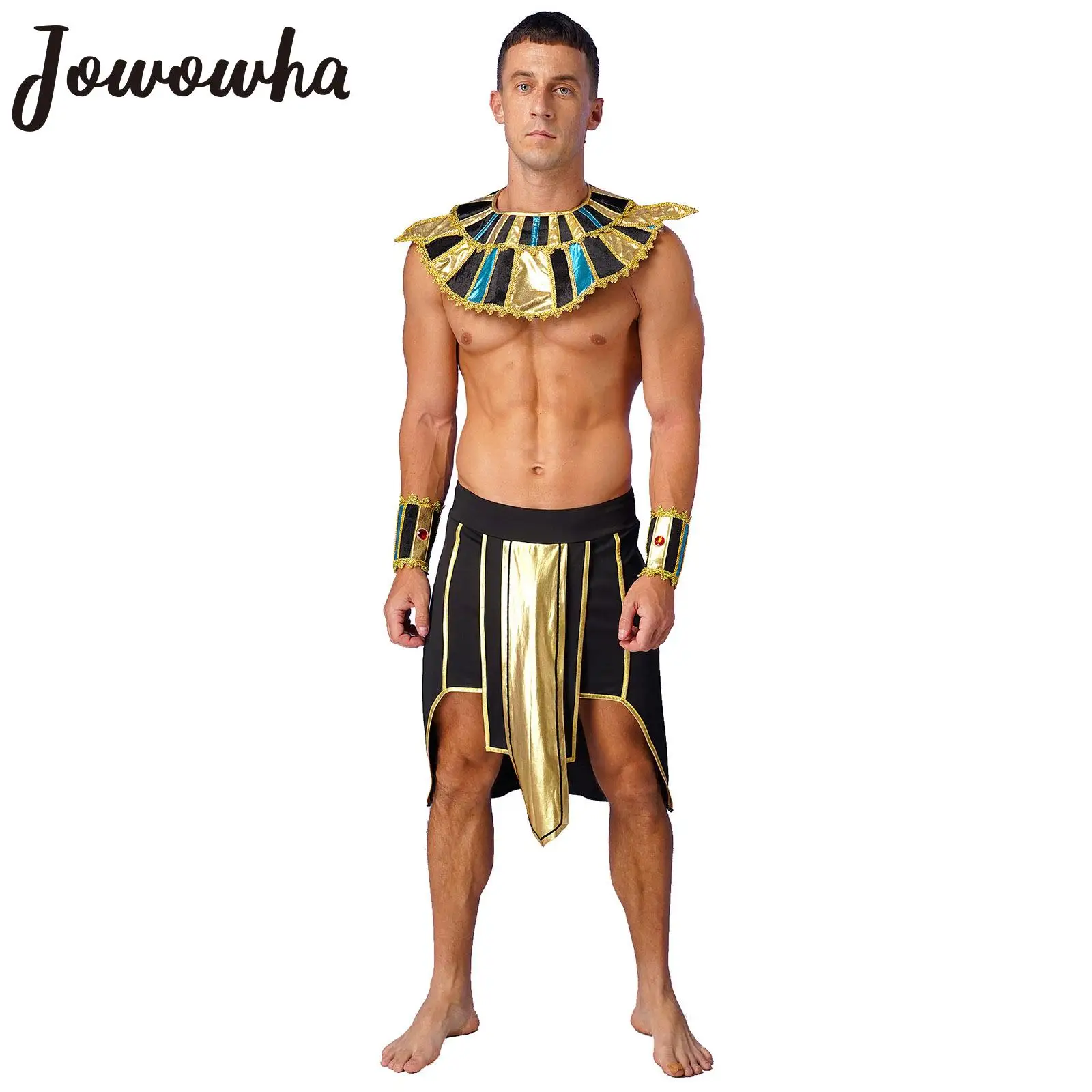 

Mens Halloween Cosplay Costumes Adult Ancient Egypt King Pharaoh Role Play Asymmetrical Hem Skirt with Cuffs Collar Wrist Bands