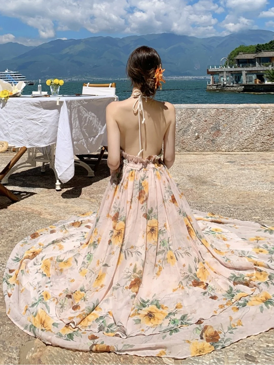 바이온 트래블 플로럴 프린트 오프숄더 롱 드레스 비치 포토 아우토레스 아일랜드 드레스 소프트 시폰 하이웨이스트 썸머