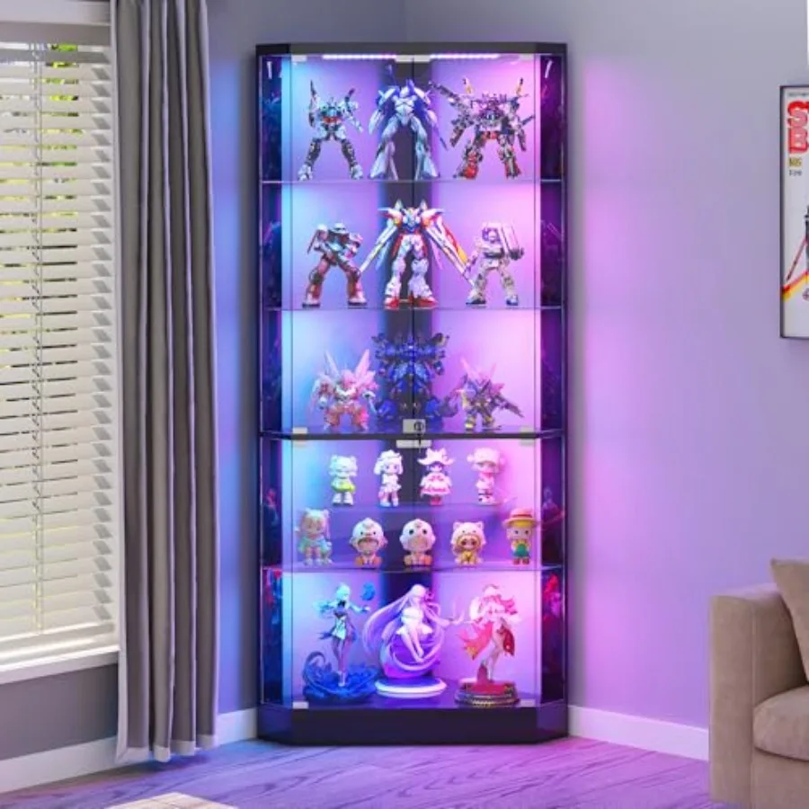 Corner Display Case with RGB Lights and Human Body Sensor for Retail Stores Black Acrylic, Modern Illuminated Showcase