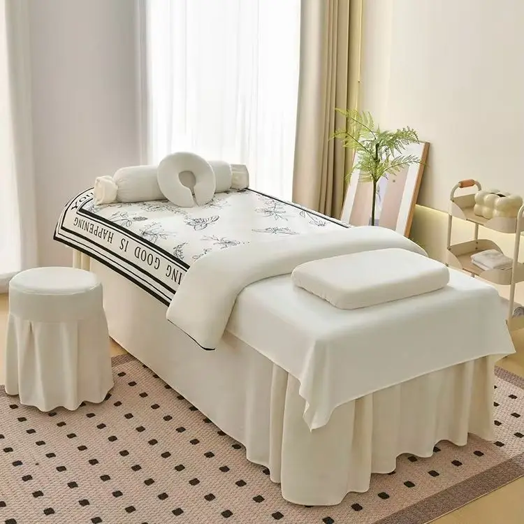 Pile Velvet 4-Piece Bedding Set for Beauty Salon Massage Spa Thick Bedskirt Pillowcase Stool Cover Duvet Cover Club Salon Shee