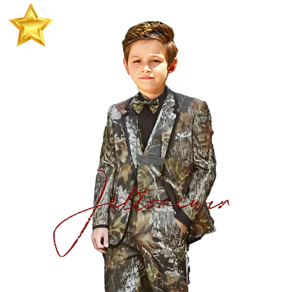 Summer Boys Suit 3 Piece Leaf Pattern Formal Jacket Pants Vest Kids Wedding Tuxedo 2-16 Years Old Camouflage Suit