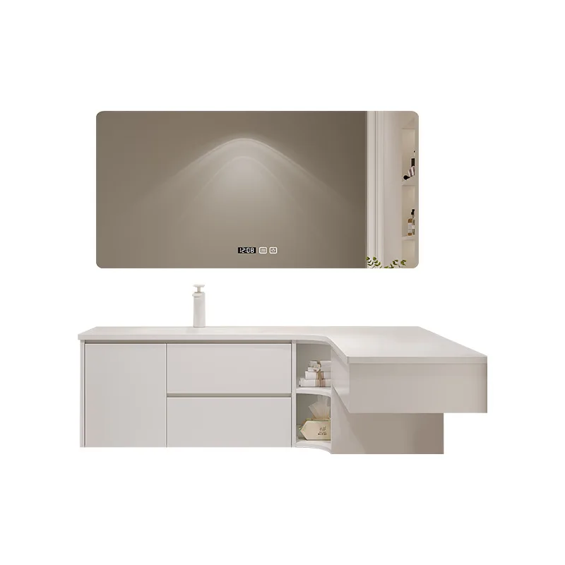 Armário de banheiro de canto creme vento DuPont Corian lavatório integrado armário combinação lavatório cômoda