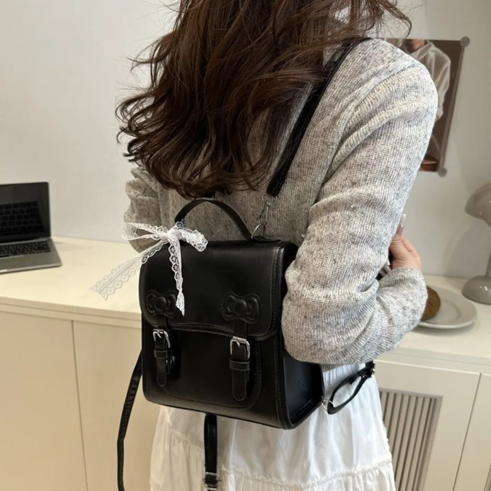 

Sweet Square Bow Backpack Small Pack Solid Color PU Backpack Korean Style Shoulders Bag Student School Bag Outdoor