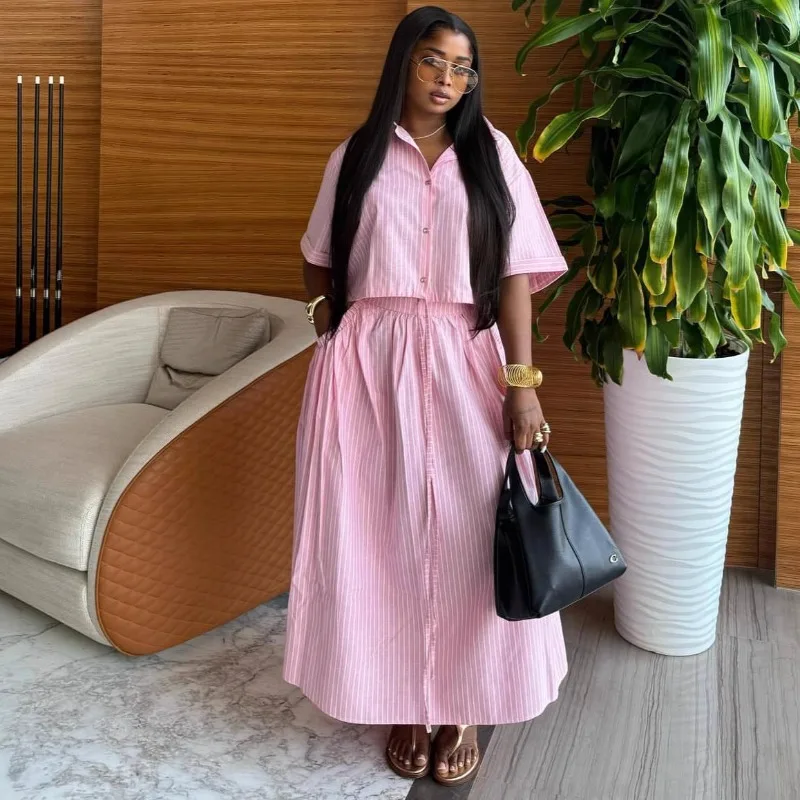 Pink Striped Loose Two Piece Set Elegant Women Cropped Top Shirt + Midi Skirt African Casual Summer Outfits Plus Size