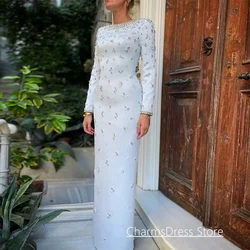 Exquisite Crystal Evening Dress Customized Round Neck Long Sleeves Beading Pearls Straight Floor Length Saudi Arabic Prom Gown