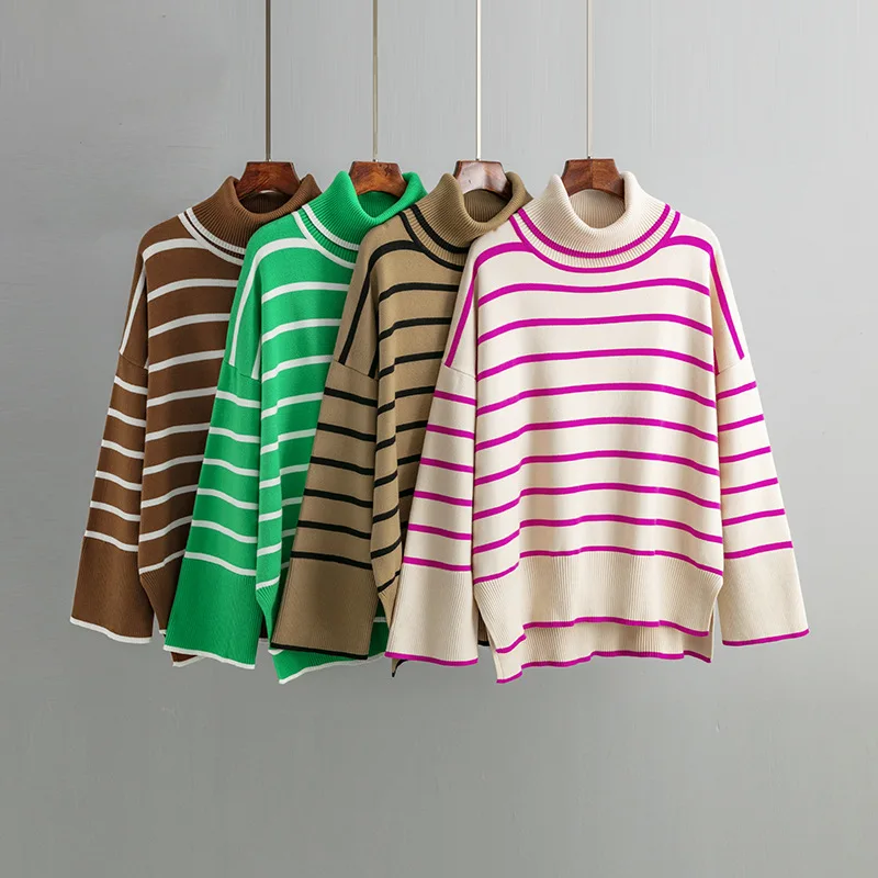 

Autumn Winter Women Sweater Turtleneck Long Sleeve Warm Pullovers Fashion Stripe Knitwear Korean Bottoming Shirt Jumper CQ166